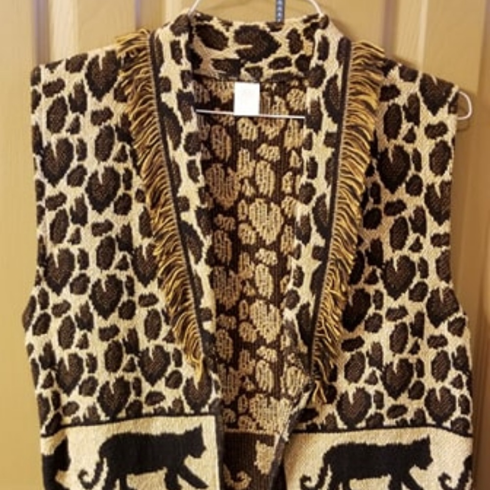 Vintage Cheetah Print Fringed Vest SZ M